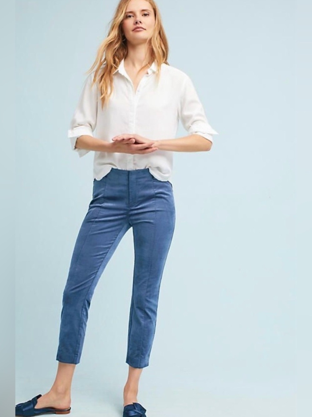The Essential Slim by Anthropologie Sky Velvet Trousers Size 2